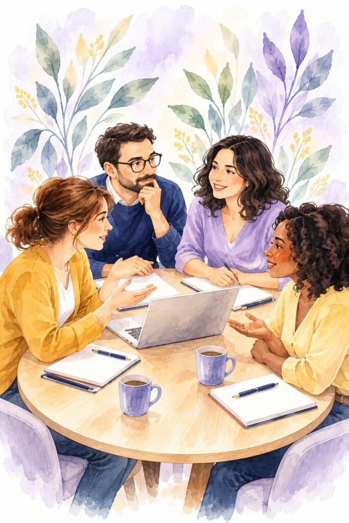Quatre professionnels échangent autour d'une table de travail